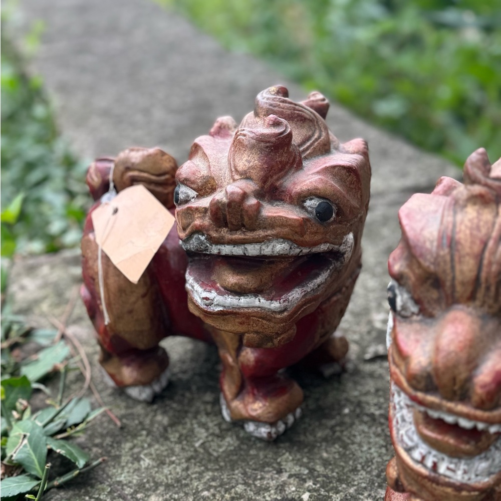 2 Vintage Carved Wood Thai Guardian Foo Dog Statues - Picture 2 of 16
